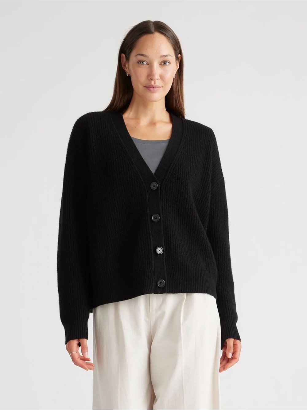 Quince Cashmere Black Cardigan Sweater XS Button Front Oversized Knit Cozy Fall